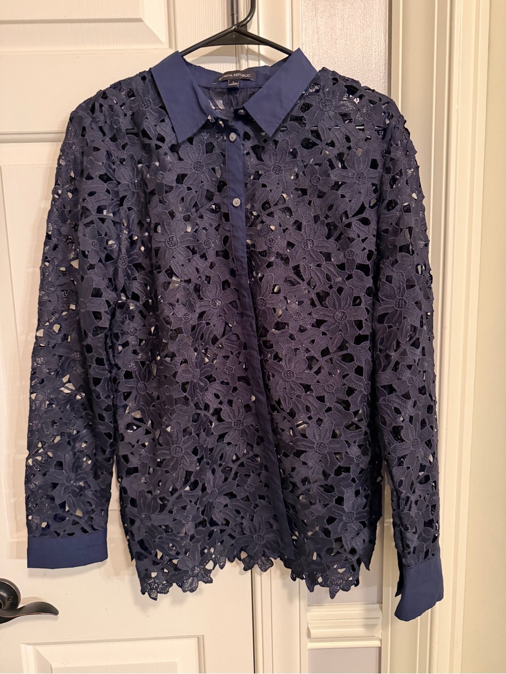 Banana Republic Navy Floral Crochet Button-Down Blouse